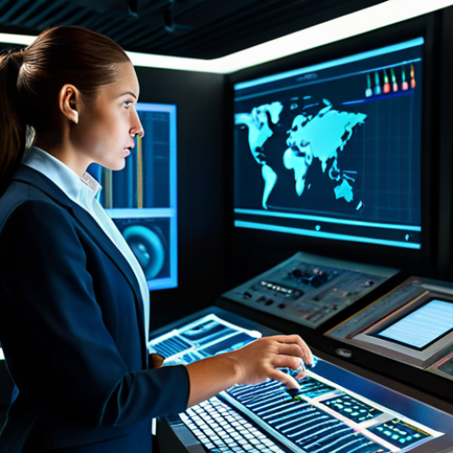 Home 4 A professional female strategist in a modest, modern business suit, standing with perfect anatomy and natural pose in a sophisticated, dimly lit control room. Abstract, glowing holographic displays surround her, illustrating complex data patterns and strategic flow without any identifiable figures or violent imagery. Her expression is calm and deeply focused, reflecting profound concentration and analytical thought. Well-formed hands are gently placed on a console. The scene is safe for work, appropriate content, fully clothed, professional, high-quality, correct proportions, natural body proportions, proper finger count.
