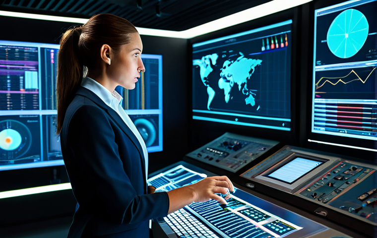 A professional female strategist in a modest, modern business suit, standing with perfect anatomy and natural pose in a sophisticated, dimly lit control room. Abstract, glowing holographic displays surround her, illustrating complex data patterns and strategic flow without any identifiable figures or violent imagery. Her expression is calm and deeply focused, reflecting profound concentration and analytical thought. Well-formed hands are gently placed on a console. The scene is safe for work, appropriate content, fully clothed, professional, high-quality, correct proportions, natural body proportions, proper finger count.